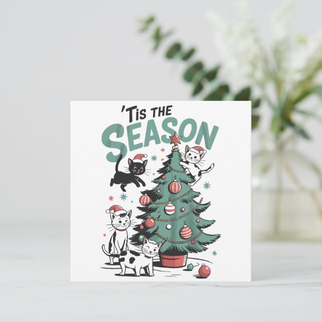 Christmas Cat Retro Tis The Season Meowy Catmas  Holiday Card (Standing Front)