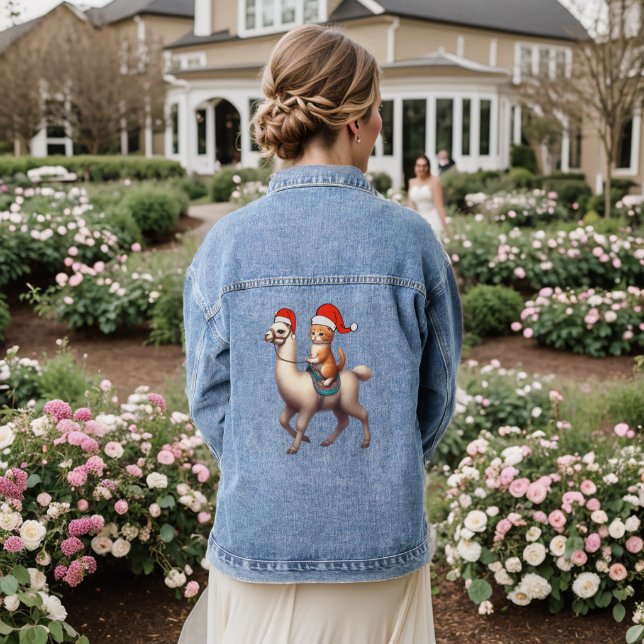 Christmas Cat Riding Llama, Xmas Llama and Kitten Denim Jacket (Wedding Back)