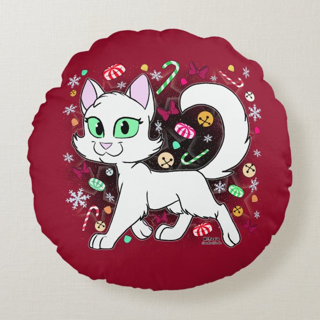 Christmas Cat Round Pillow (Red) (Front)