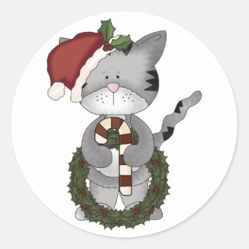 Christmas Cat Santa Claus Classic Round Sticker by bonfirechristmas at Zazzle