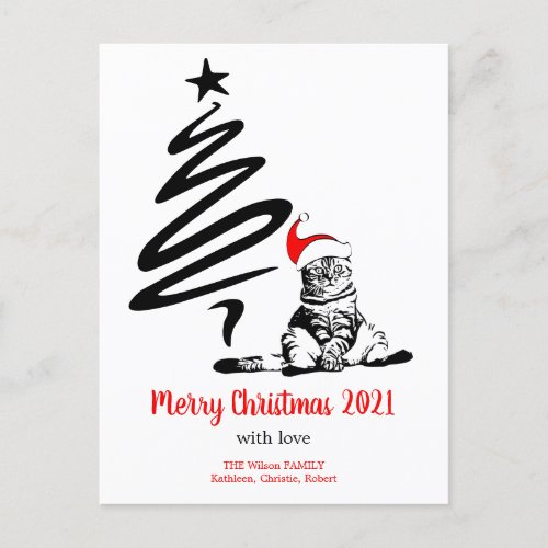 Christmas Cat Santa hat Funny Cute Black White Holiday Postcard