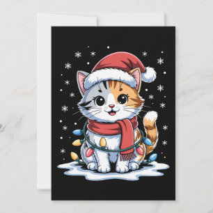 Christmas Cat Santa Hat Scarf Lights Snow Xmas Invitation