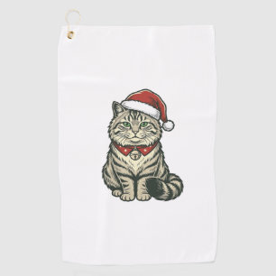 Christmas Cat Santa Hat Vintage Engraving Design_1 Golf Towel