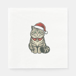 Christmas Cat Santa Hat Vintage Engraving Design_1 Napkins