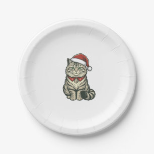 Christmas Cat Santa Hat Vintage Engraving Design_1 Paper Plates