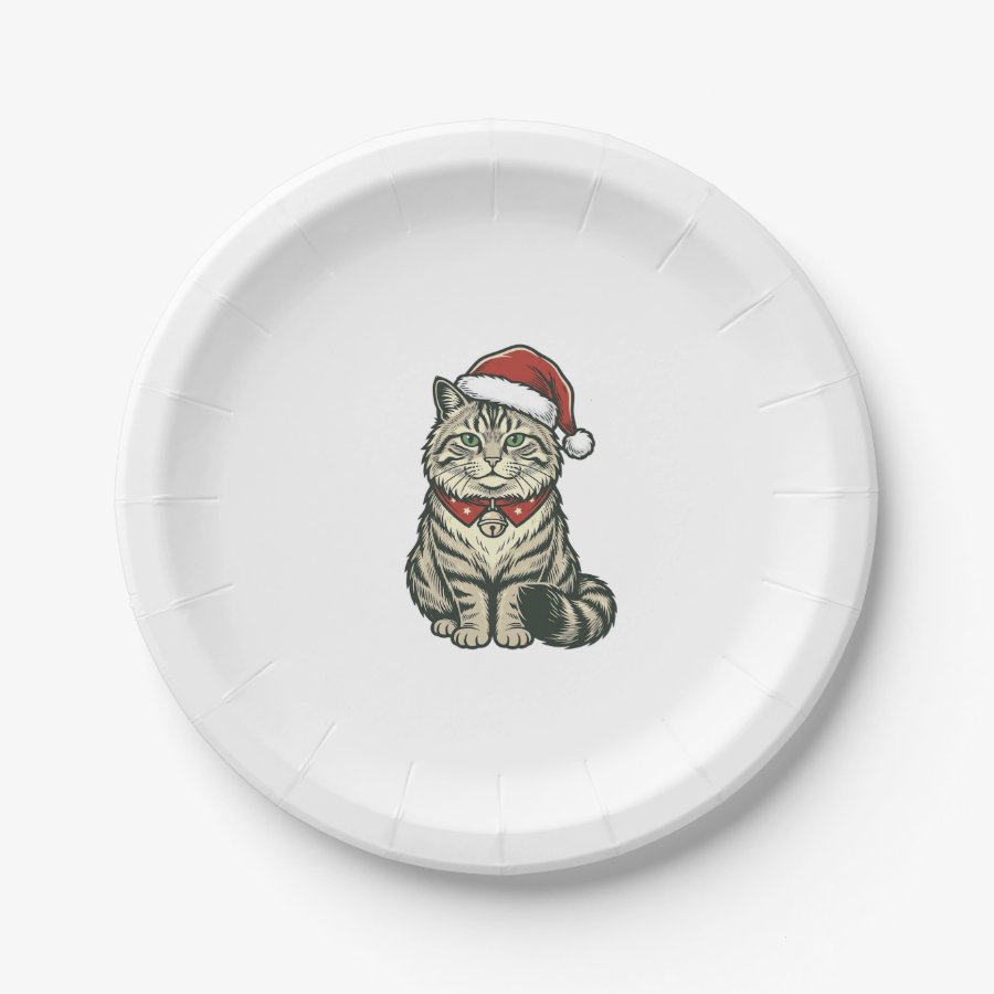 Christmas Cat Santa Hat Vintage Engraving Design_1 Paper Plates