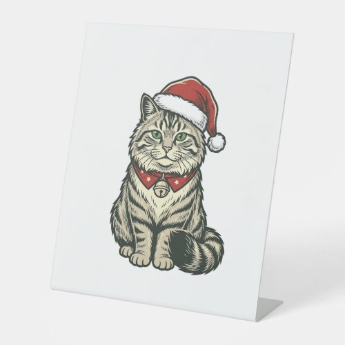 Christmas Cat Santa Hat Vintage Engraving Design_1 Pedestal Sign