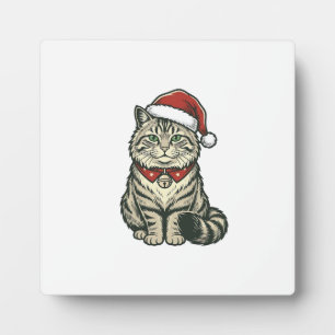 Christmas Cat Santa Hat Vintage Engraving Design_1 Plaque