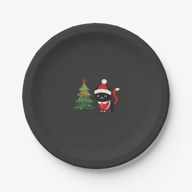 Christmas Cat Santa Tree Vector Paper Plates (Front)
