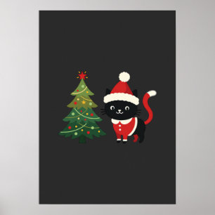 Christmas Cat Santa Tree Vector Poster