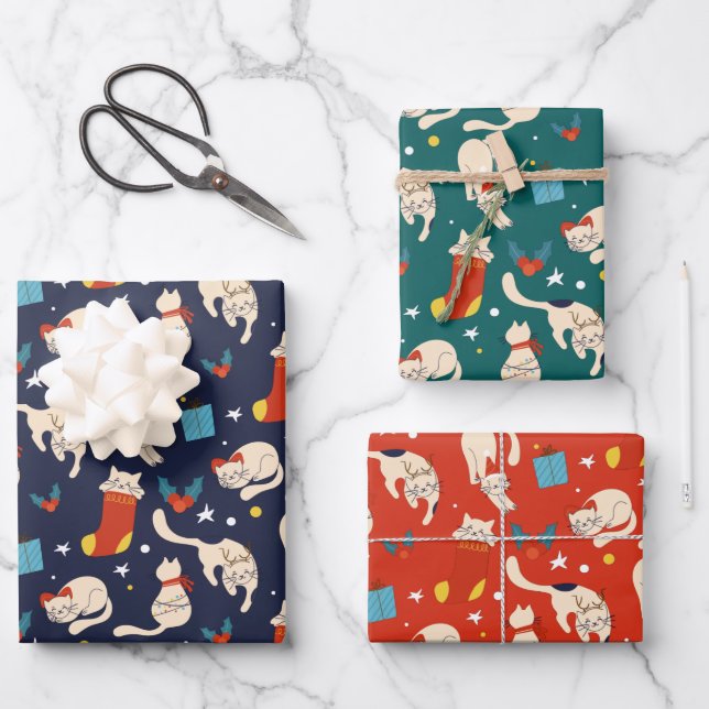 Christmas Cat scandinavian modern bright Pattern Wrapping Paper Sheets (Front)