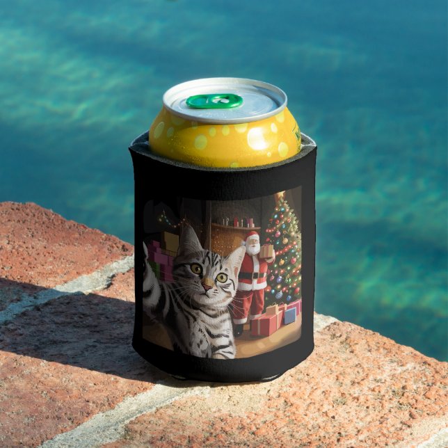 Christmas Cat Selfie with Santa Claus Cute Holiday Can Cooler (In Situ Pool)