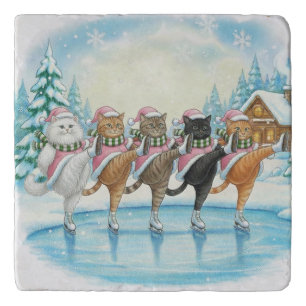 Christmas Cat Skaters Pink, Trivet