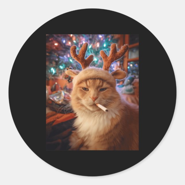 Christmas Cat Smoking Cigarette Meme Gen Z Comfort Classic Round Sticker (Front)