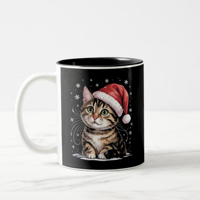 Christmas Cat Snow Santa Hat Winter Two-Tone Coffee Mug (Left)