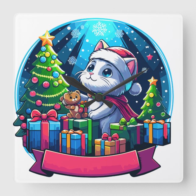christmas cat square wall clock (Front)