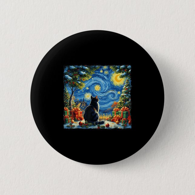 Christmas Cat Starry Night Van Gogh Santa Winter G Button (Front)