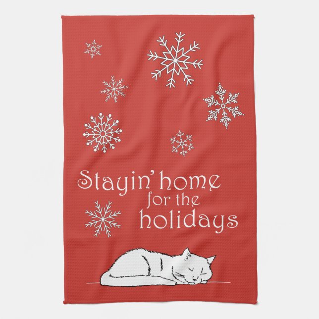 Christmas Cat Stayin' Home for the Holidays Dish Kitchen Towel (Vertical)