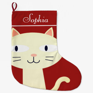 CHRISTMAS CAT STOCKINGS, CUTE GIRLY WHITE CAT LARGE CHRISTMAS STOCKING