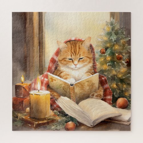 Christmas Cat Three Reading Vintage Card Jigsaw Puzzle