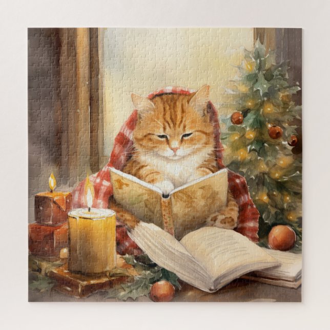 Christmas Cat Three Reading Vintage Card Jigsaw Puzzle (Vertical)