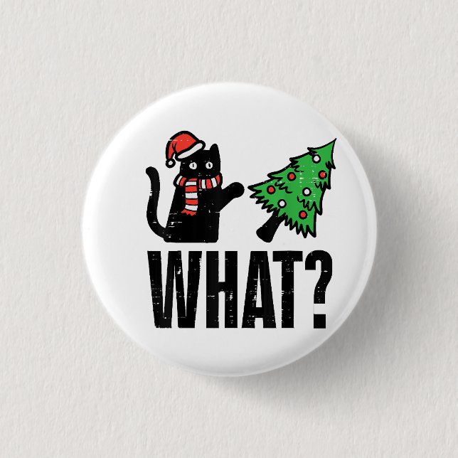 Christmas Cat Tipping Xmas Tree Funny Button (Front)