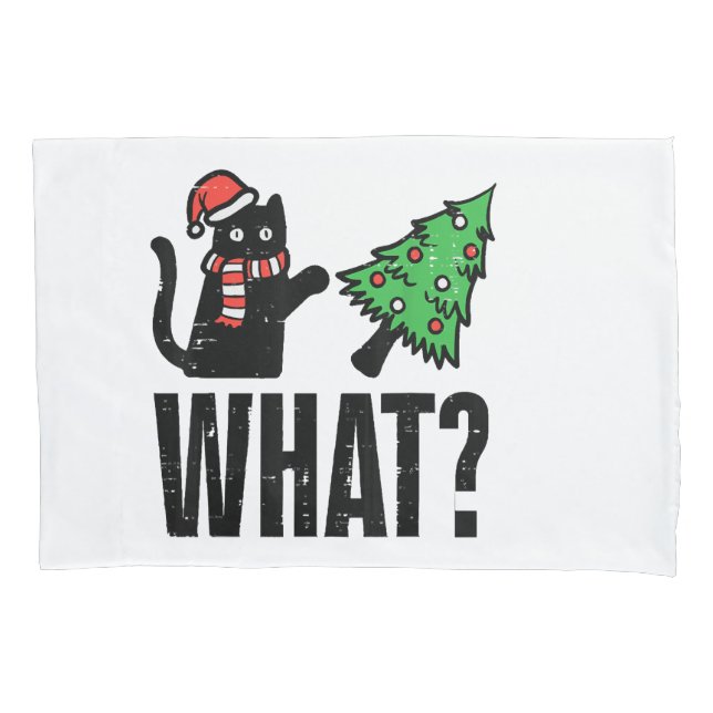 Christmas Cat Tipping Xmas Tree Funny Pillow Case (Front)