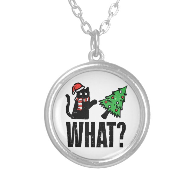Christmas Cat Tipping Xmas Tree Funny Silver Plated Necklace (Front)