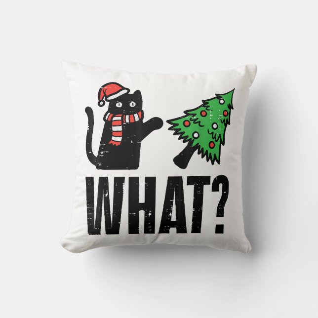 Christmas Cat Tipping Xmas Tree Funny Throw Pillow (Front)
