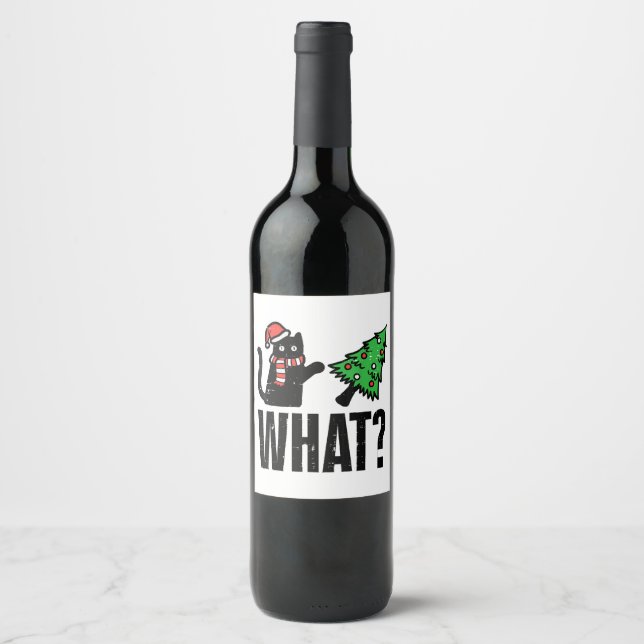 Christmas Cat Tipping Xmas Tree Funny Wine Label (Front)