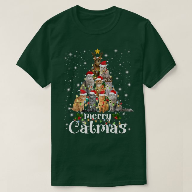 Christmas Cat Tree with Santa Hat Merry Catmas Fun T-Shirt (Design Front)