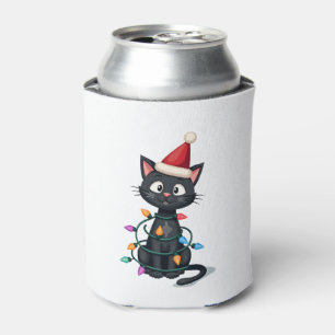 Christmas Cat Tuxedo black cat xmas lights kitty c Can Cooler
