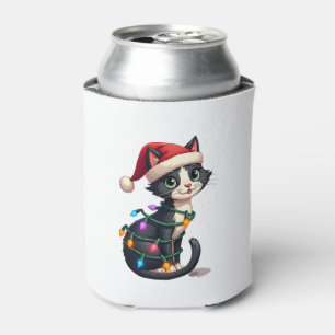 Christmas Cat Tuxedo black cat xmas lights kitty c Can Cooler