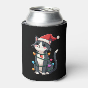 Christmas Cat Tuxedo black cat xmas lights kitty c Can Cooler