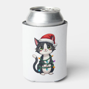 Christmas Cat Tuxedo black cat xmas lights kitty c Can Cooler