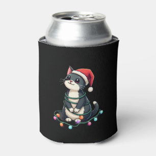 Christmas Cat Tuxedo black cat xmas lights kitty c Can Cooler