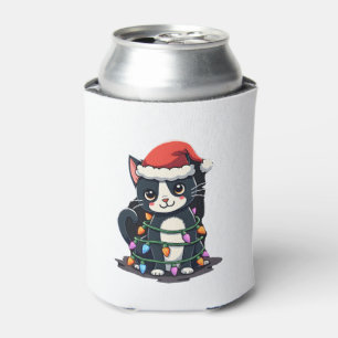 Christmas Cat Tuxedo black cat xmas lights kitty c Can Cooler
