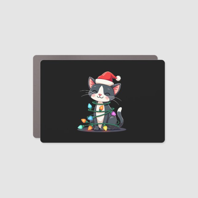 Christmas Cat Tuxedo black cat xmas lights kitty c Car Magnet (Front)