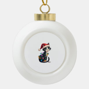 Christmas Cat Tuxedo black cat xmas lights kitty c Ceramic Ball Christmas Ornament