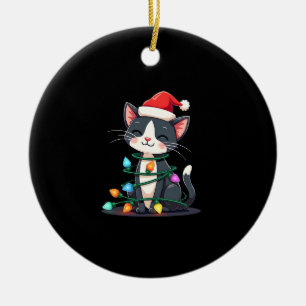 Christmas Cat Tuxedo black cat xmas lights kitty c Ceramic Ornament