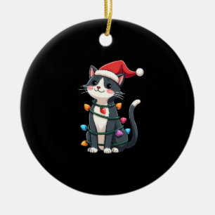 Christmas Cat Tuxedo black cat xmas lights kitty c Ceramic Ornament