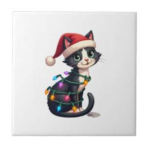 Christmas Cat Tuxedo black cat xmas lights kitty c Ceramic Tile