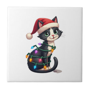 Christmas Cat Tuxedo black cat xmas lights kitty c Ceramic Tile
