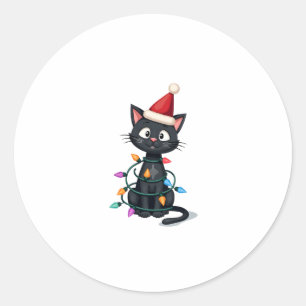 Christmas Cat Tuxedo black cat xmas lights kitty c Classic Round Sticker