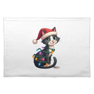 Christmas Cat Tuxedo black cat xmas lights kitty c Cloth Placemat