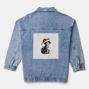 Christmas Cat Tuxedo black cat xmas lights kitty c Denim Jacket