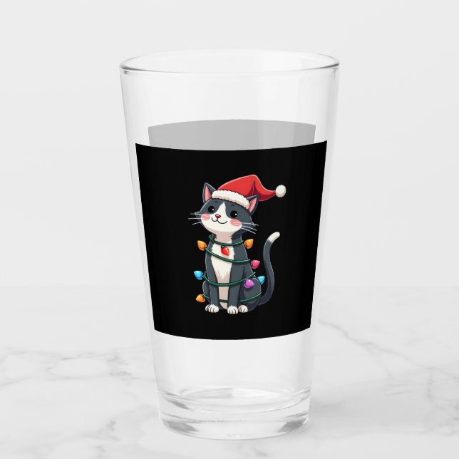 Christmas Cat Tuxedo black cat xmas lights kitty c Glass (Front)