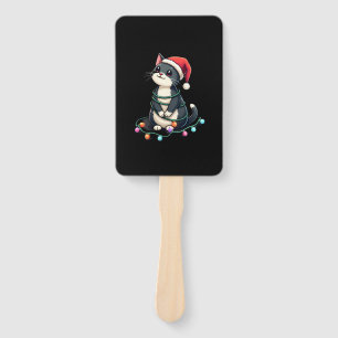 Christmas Cat Tuxedo black cat xmas lights kitty c Hand Fan