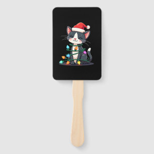 Christmas Cat Tuxedo black cat xmas lights kitty c Hand Fan