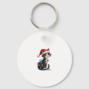 Christmas Cat Tuxedo black cat xmas lights kitty c Keychain